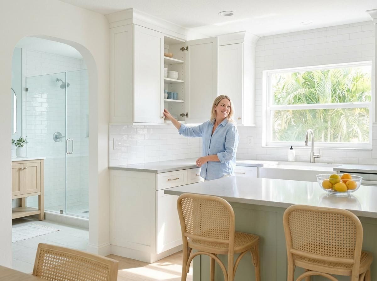 A woman opening a cabinet in a modern white kitchen with an adjoining bathroom