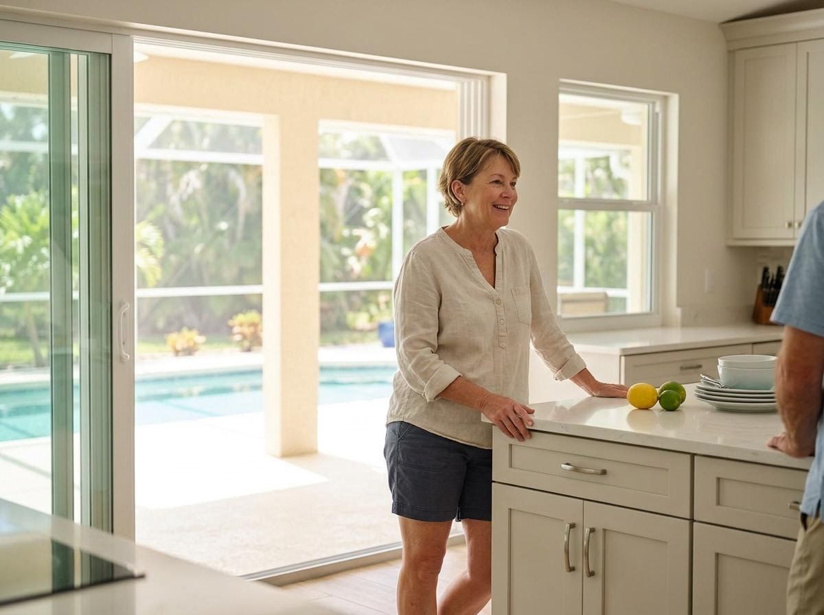 Happy Woman in Modern Kitchen with Pool View
