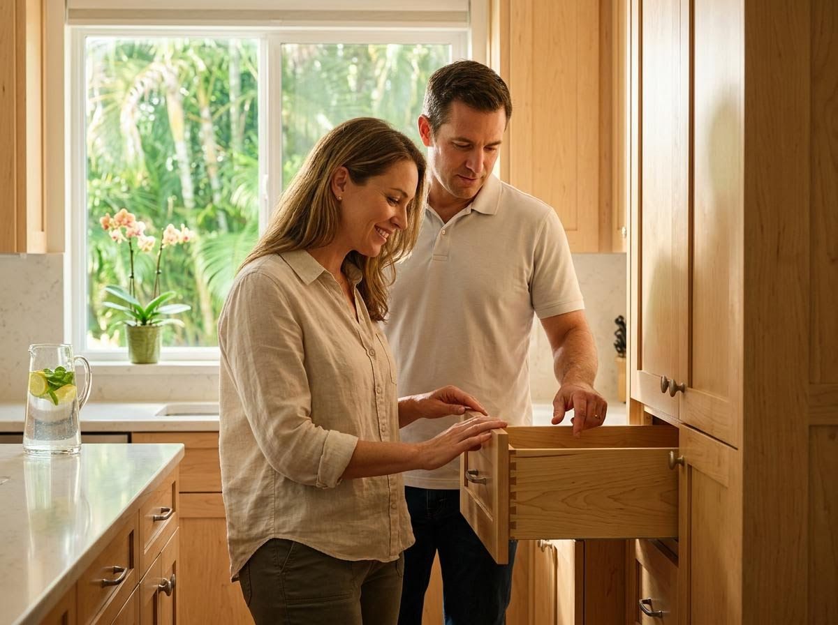 Couple admiring new kitchen drawer in a bright kitchen