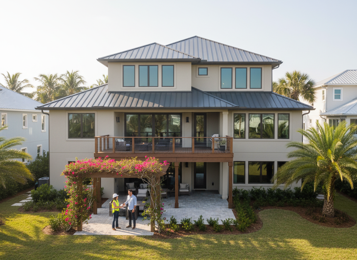 Modern Home Exterior with Builder and Client Shaking Hands