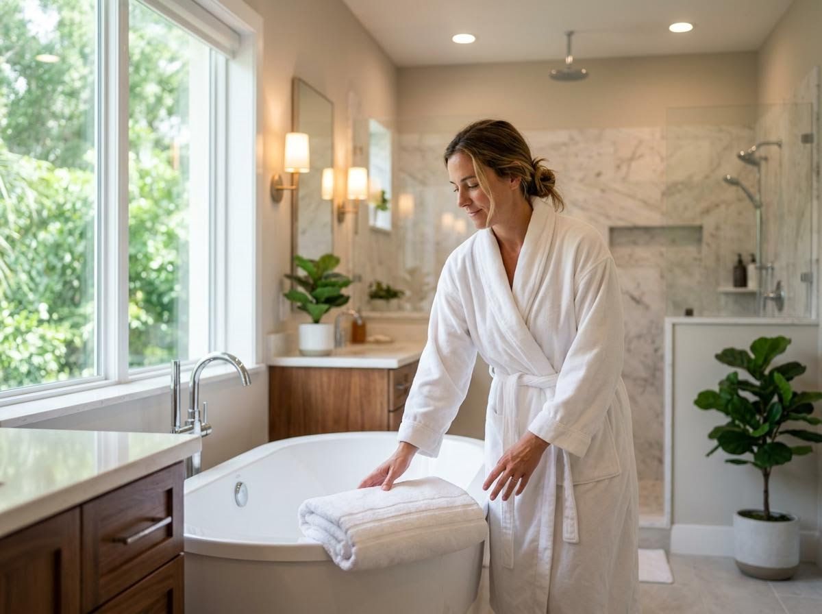 Woman in bathrobe with towel in a luxurious modern bathroom
