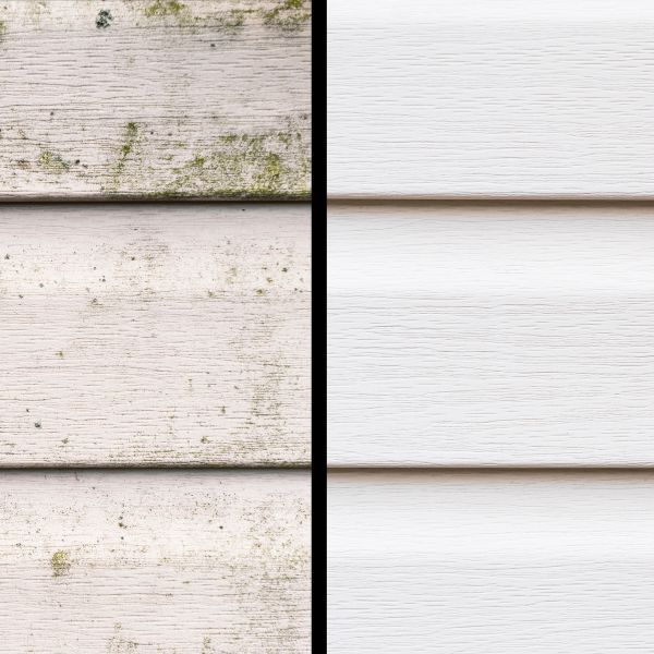 side by side of vinyl siding before and after power washing