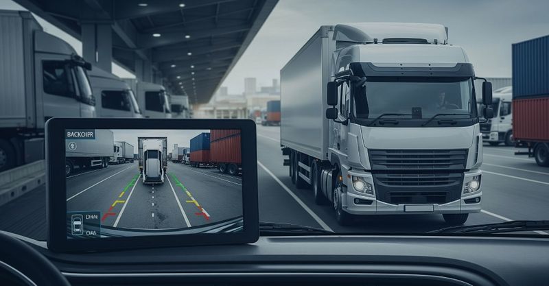  modern commercial truck with a backup camera view on its display