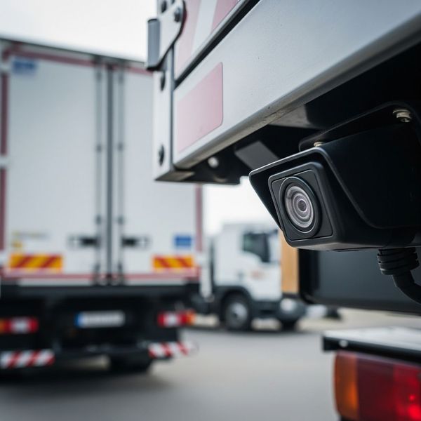 close-up of a high-resolution commercial backup camera lens on the rear of a large delivery truck close-up of a high-resolution commercial backup camera lens on the rear of a large delivery truck