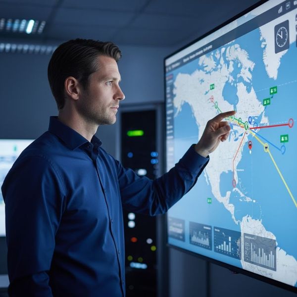 A fleet manager observing a digital map with vehicle icons on a large screen, indicating optimized routes and real-time tracking