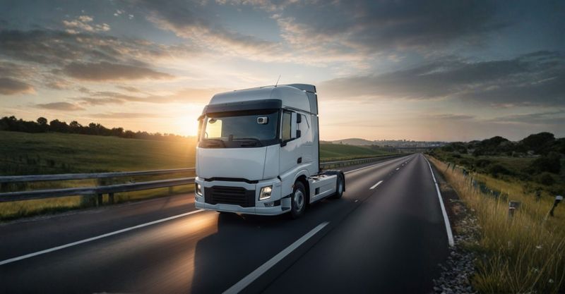 A modern commercial truck driving on a highway, with a subtle camera visible on the windshield