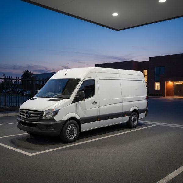 A commercial delivery van parked securely at dusk