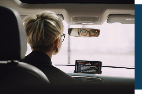 woman looking in rearview mirror