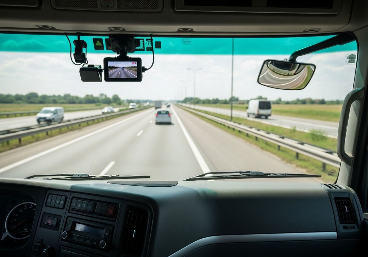 View from inside a truck cab on the highway