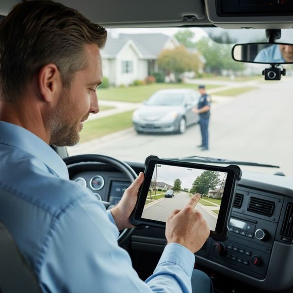 A driver using a tablet to review dash cam footage after a minor incident, looking relieved