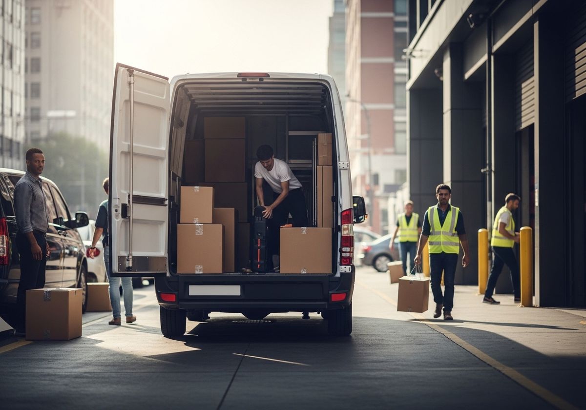 Movers unloading boxes from a van