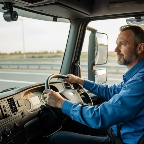 A truck driver confidently looking at the road ahead, with a subtle dashboard camera visible