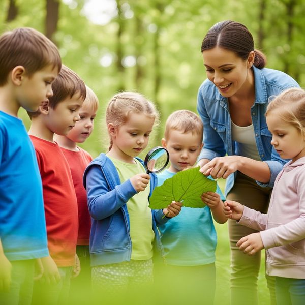 A small group of preschoolers on a nature walk, examining a leaf with a magnifying glass.