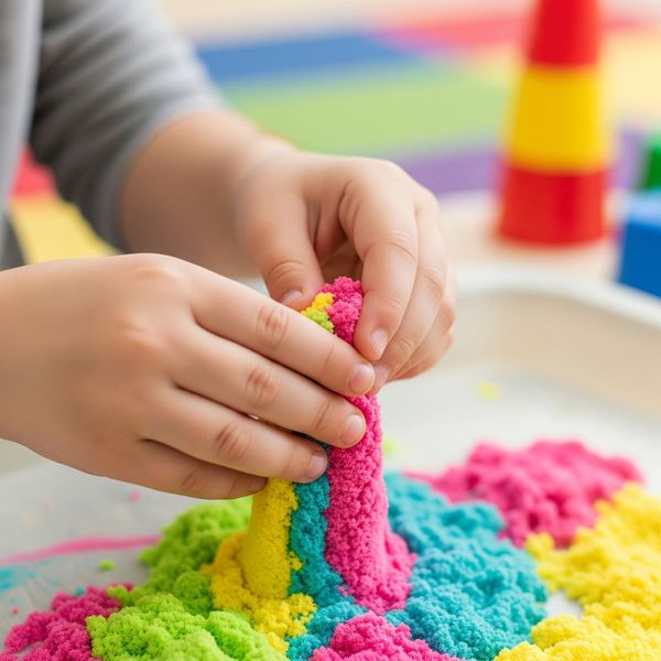 Close-up of a child's hands playing with colorful kinetic sand.