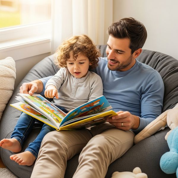 A father and son reading a colorful picture book together on a beanbag chair.