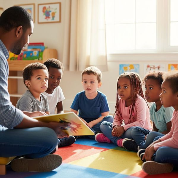 A diverse group of young children sitting in a circle on a colorful rug with a teacher A diverse group of young children sitting in a circle on a colorful rug with a teacher