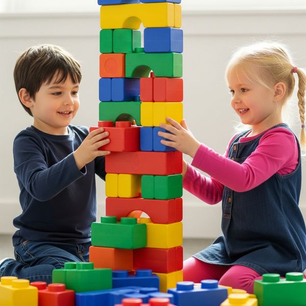 Two young children collaborating to build a tall tower with large, colorful blocks.