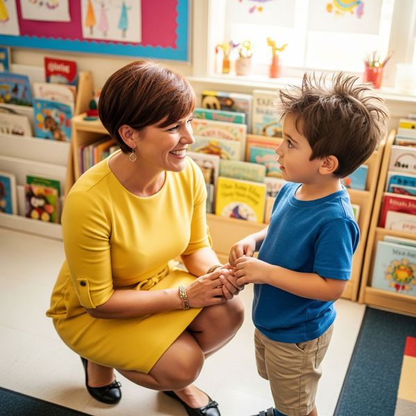 A smiling teacher kneeling down to talk to a young student A smiling teacher kneeling down to talk to a young student