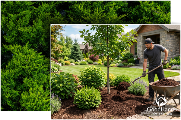 Man mulching a garden bed
