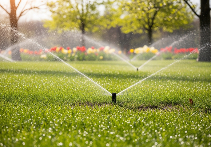 Sprinklers Watering Lush Green Lawn
