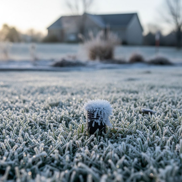 A sprinkler head covered in a thin layer of frost on a lawn in the early morning.