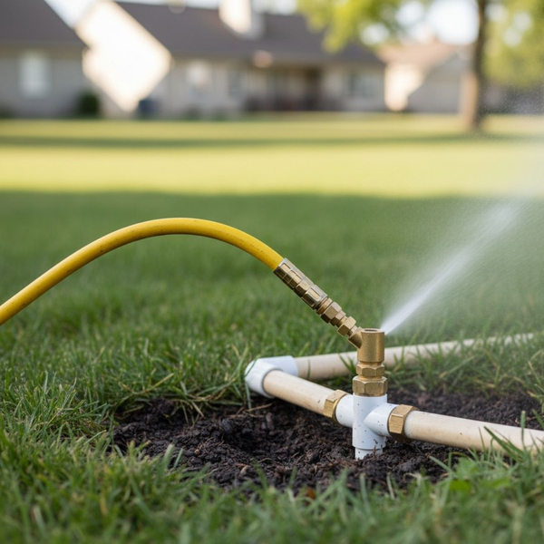 A professional technician's tool connected to a sprinkler system valve for the winterization "blow out" process.