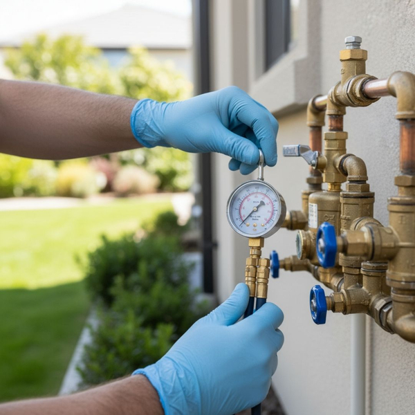 A certified technician's hands using a professional testing tool on an irrigation backflow prevention device, highlighting expert service and precision.