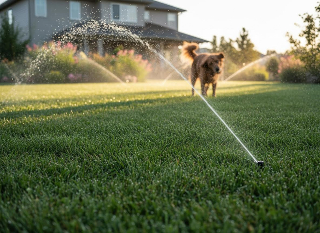Dog in Sprinklers on Green Lawn