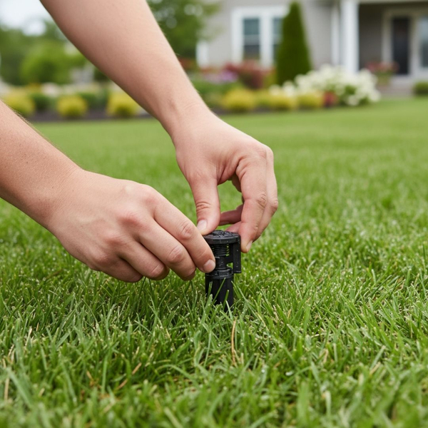 A close-up of a hand adjusting a black in-ground irrigation sprinkler head surrounded by healthy green grass, symbolizing water conservation and efficiency. A close-up of a hand adjusting a black in-ground irrigation sprinkler head surrounded by healthy green grass, symbolizing water conservation and efficiency.