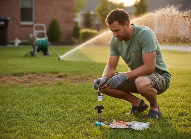 Man cleaning or repairing a sprinkler head on a lawn