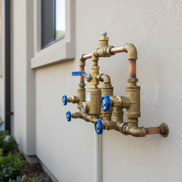 A close-up view of a standard irrigation backflow prevention device with pipes and valves, mounted on the exterior of a clean, modern home.