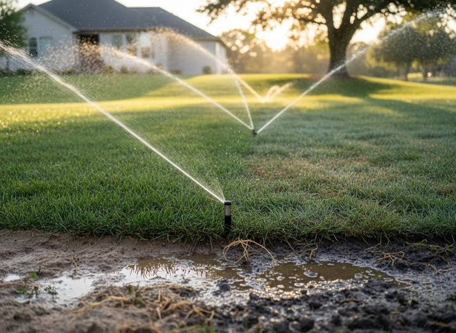 Automatic sprinklers irrigate a vibrant green lawn. Wet mud and puddles are visible in the foreground, with a house and tree in the sunny background. Lawn Sprinklers Watering Green Grass with Muddy Foreground