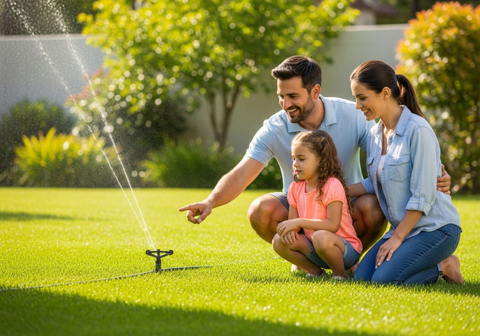 A family of three enjoys a sunny day in their yard, watching a sprinkler spray water. The father points to the sprinkler as his daughter looks on with curiosity, while the mother smiles and embraces them both. Family Playing with Sprinkler in Yard