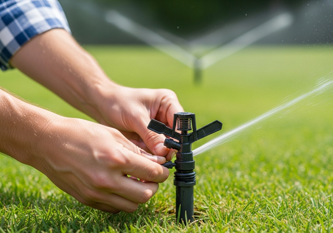 Close-up of a person adjusting a black garden sprinkler head on a lush green lawn, with two additional sprinklers visible in the background, spraying water. Adjusting Garden Sprinkler