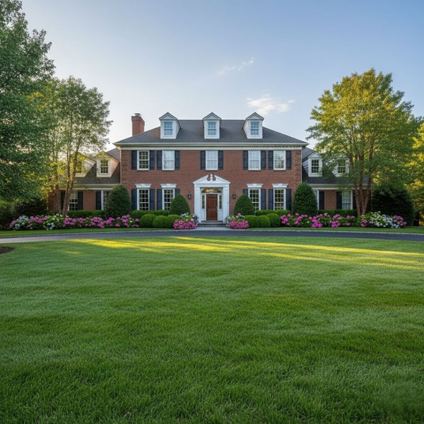 A grand, traditional brick house with dark shutters and a pristine, expansive green lawn and neatly trimmed landscaping, showcasing strong curb appeal and property value. A grand, traditional brick house with dark shutters and a pristine, expansive green lawn and neatly trimmed landscaping, showcasing strong curb appeal and property value.