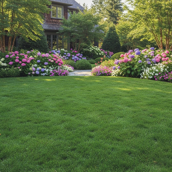 A perfectly manicured, vibrant green lawn surrounded by lush, colorful hydrangeas and other flowering bushes leading up to a charming, traditional house, emphasizing a healthy and beautiful landscape. A perfectly manicured, vibrant green lawn surrounded by lush, colorful hydrangeas and other flowering bushes leading up to a charming, traditional house, emphasizing a healthy and beautiful landscape.
