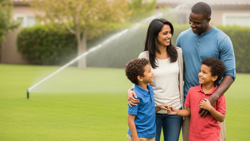family in front of a sprinkler in their yard