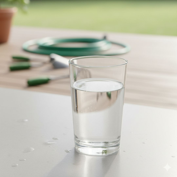 A crystal-clear glass of water on a kitchen counter, with a blurry background of gardening tools, representing water safety and the potential for contamination.