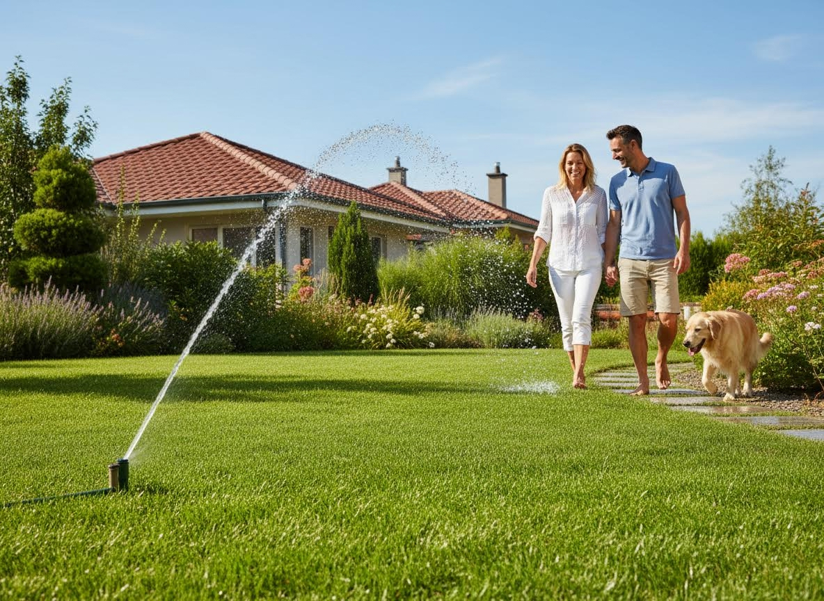 Couple and dog walking in a green garden with sprinkler