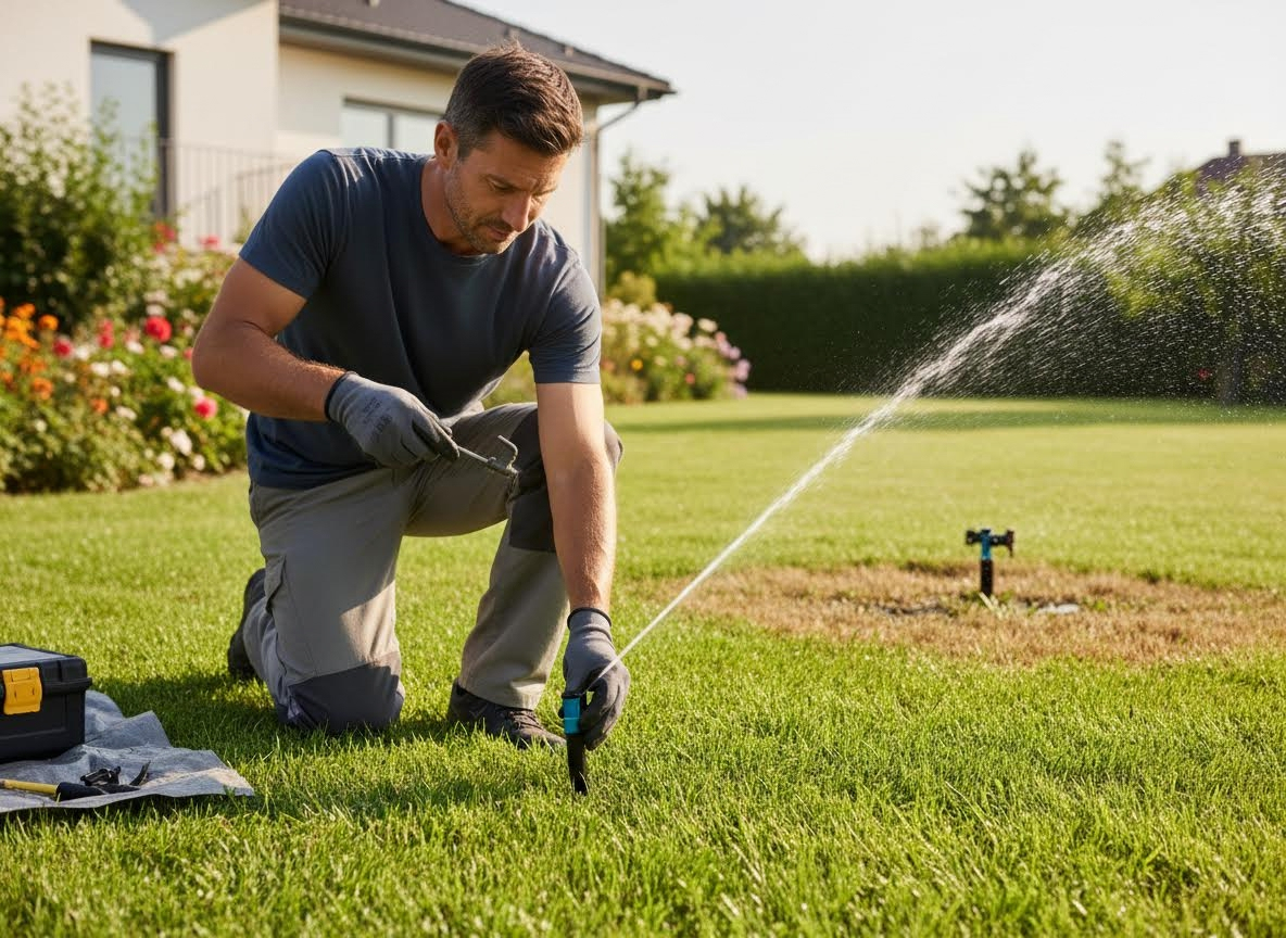 Man Adjusting Lawn Sprinkler System