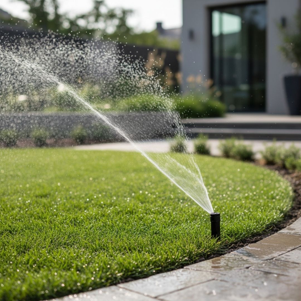 A close-up of a single sprinkler head efficiently watering a circular patch of vibrant green grass, with a modern house in the soft background, symbolizing precise water usage. A close-up of a single sprinkler head efficiently watering a circular patch of vibrant green grass, with a modern house in the soft background, symbolizing precise water usage.