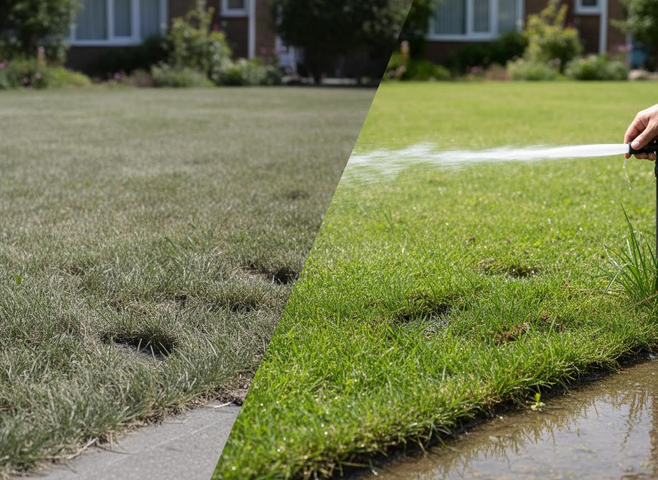 A split image shows a brown, dry lawn on one side and a vibrant, green lawn being watered by a hose on the other. Dry and Watered Lawn Comparison