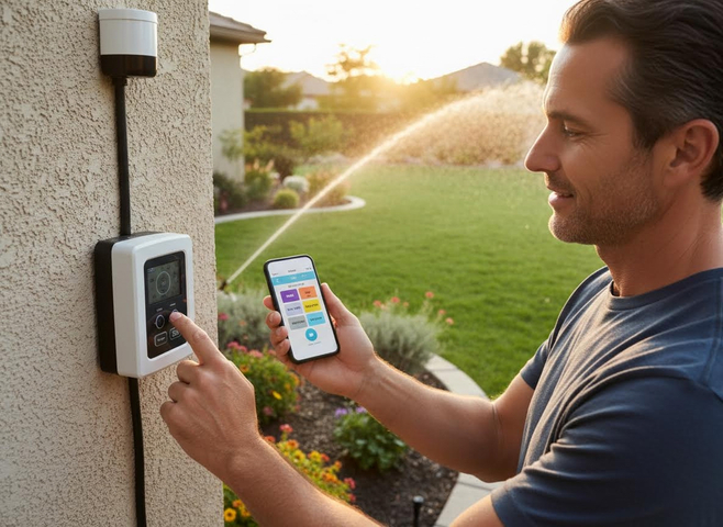 A smiling man adjusts an outdoor smart irrigation controller while simultaneously using a mobile app to manage sprinklers watering a lawn at sunset. Man using smart irrigation system and phone app