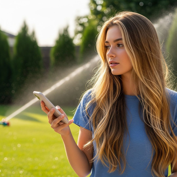woman using her phone to control a sprinkler system