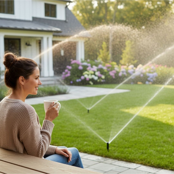 A woman relaxes on a comfortable outdoor chair on her patio, looking contentedly at her pristine, green lawn, representing low-maintenance homeownership. A woman relaxes on a comfortable outdoor chair on her patio, looking contentedly at her pristine, green lawn, representing low-maintenance homeownership.