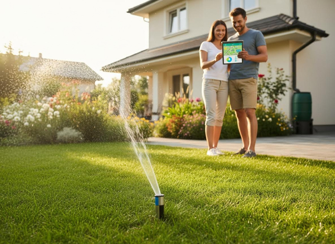 A smiling couple views smart irrigation data on a tablet as a sprinkler waters their lush green lawn and colorful garden at sunset. Couple Managing Smart Home Irrigation with Tablet