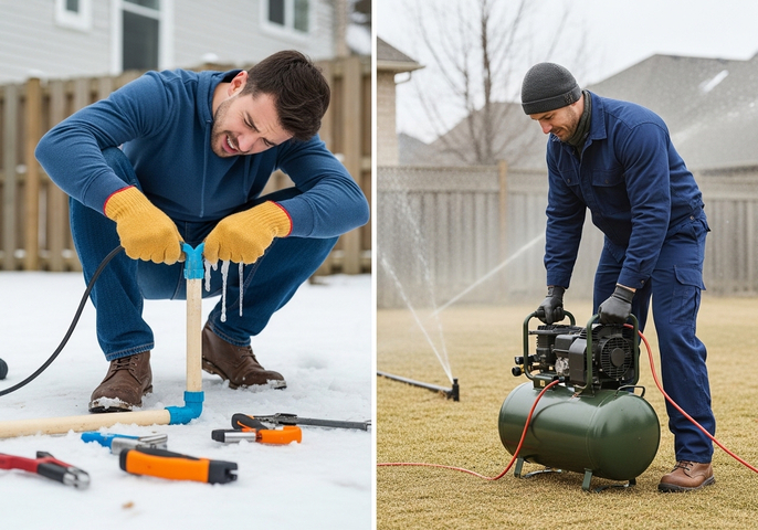 A split image contrasting sprinkler system repairs in winter with frozen pipes and spring start-up using an air compressor, illustrating seasonal maintenance needs. Winter and Spring Sprinkler System Maintenance