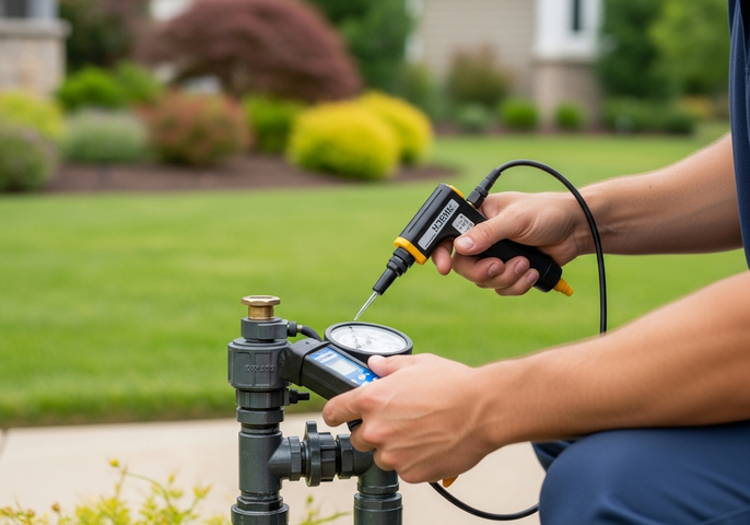 Close-up of a technician's hands using digital instruments to measure the pressure of an irrigation system backflow preventer valve in a residential yard. Irrigation system pressure testing