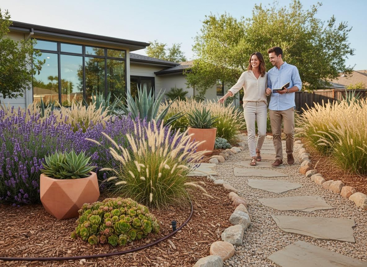 Couple exploring a modern drought-tolerant garden