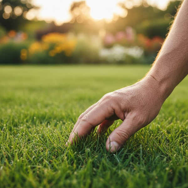 A close-up of a person's hand gently touching a patch of dewy, vibrant green grass at sunset, with a blurred garden in the background, conveying the satisfaction and long-term value of a healthy lawn. A close-up of a person's hand gently touching a patch of dewy, vibrant green grass at sunset, with a blurred garden in the background, conveying the satisfaction and long-term value of a healthy lawn.